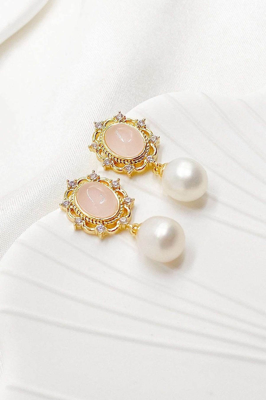 Smykker Og Tilbehor Skye Guld | Bella Rose Quartz Filigran Perle-Drabeoreringe Guld