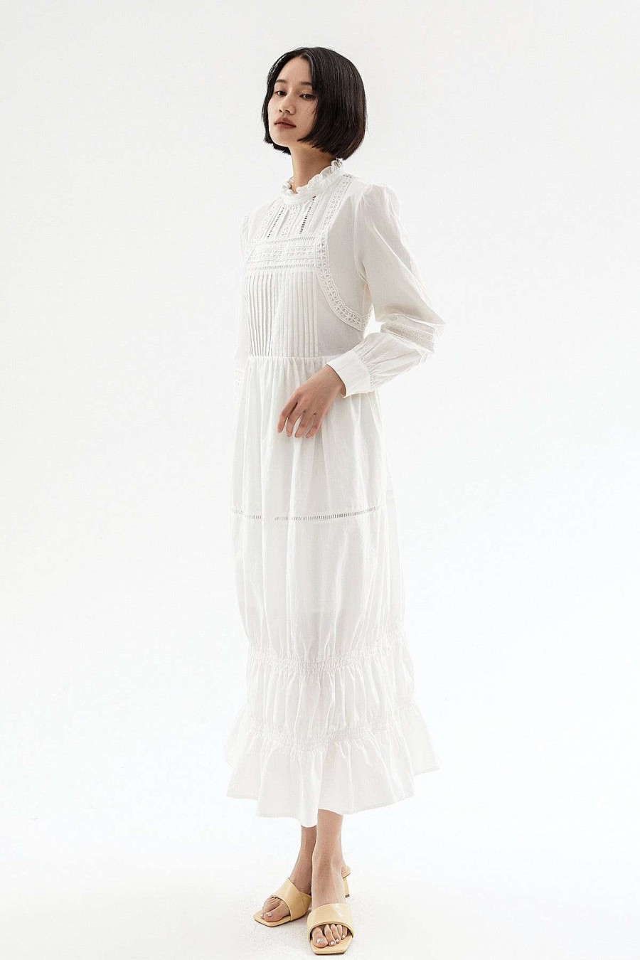 Toj Skye | Clemence Cotton Tiered Midi-Kjole Hvid