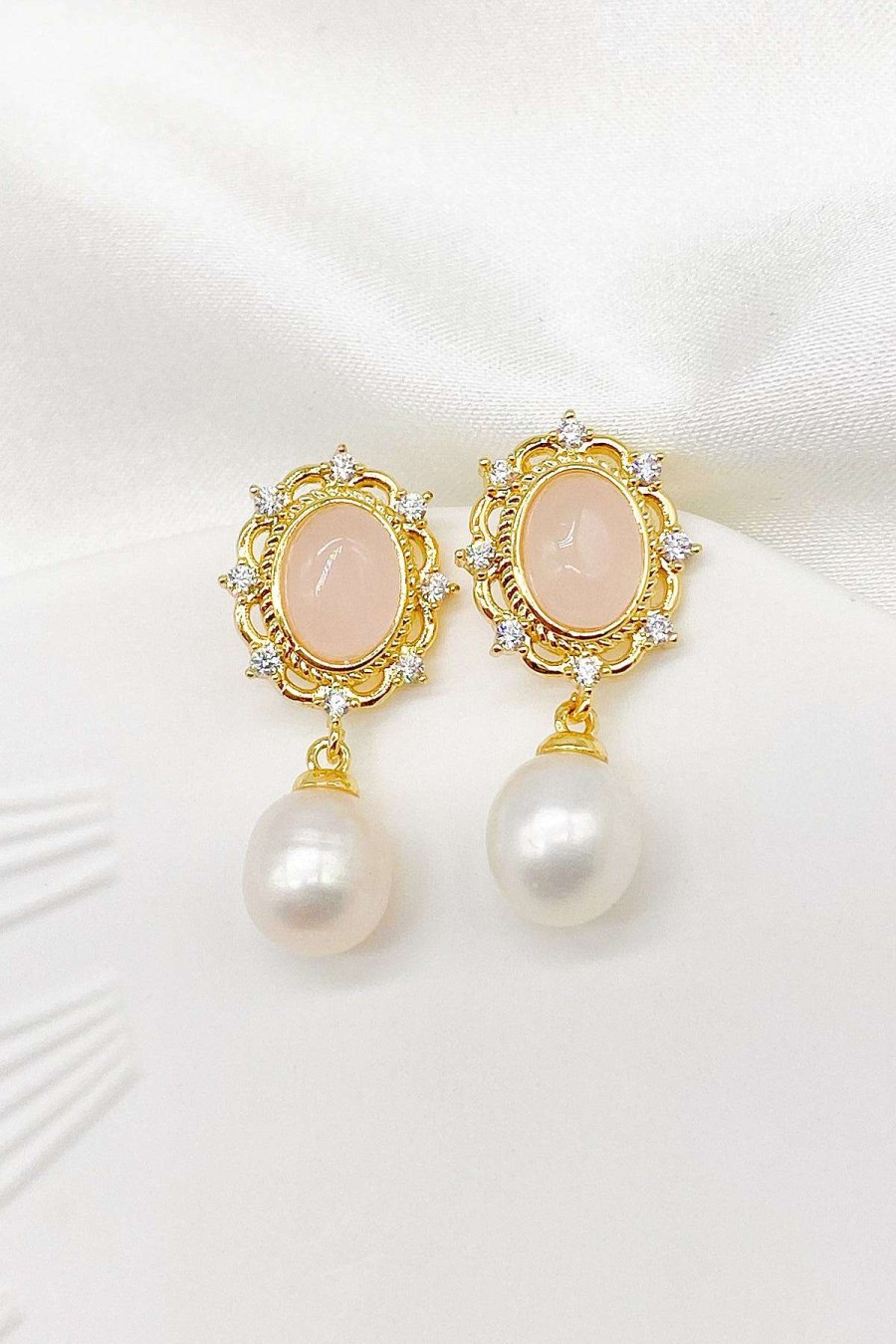 Smykker Og Tilbehor Skye Guld | Bella Rose Quartz Filigran Perle-Drabeoreringe Guld