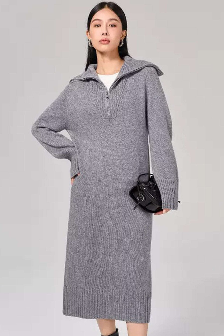 Toj Skye Uld | Marcella Zip Collar Merino Wool Ribbet Sweater Dress Gra