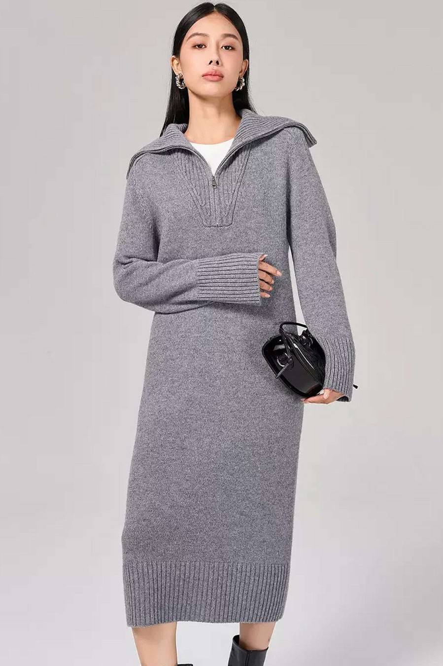 Toj Skye Uld | Marcella Zip Collar Merino Wool Ribbet Sweater Dress Gra