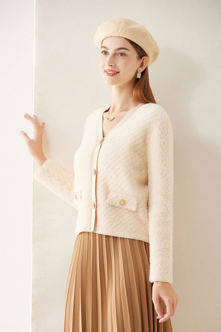 Toj Skye | Alexandra V-Hals Fuzzy Strik Cardigan Elfenben