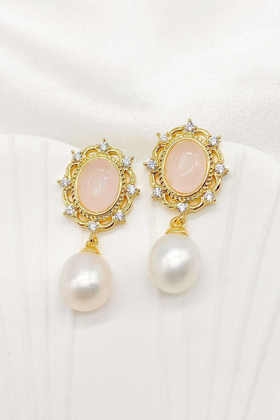 Smykker Og Tilbehor Skye Oreringe | Bella Rose Quartz Filigran Perle-Drabeoreringe Guld