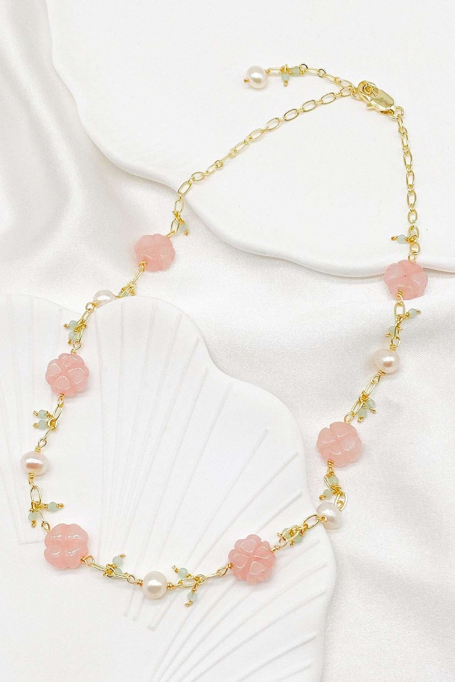 Smykker Og Tilbehor Skye Halskaeder | Delilah Cherry Blossom Rose Quartz Pearl Halskaede Guld